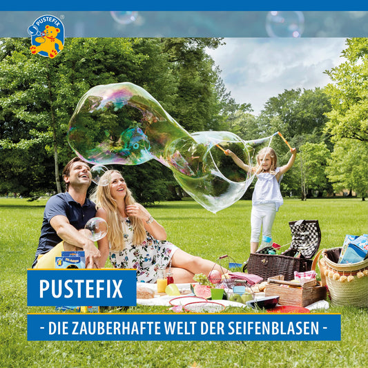 PUSTEFIX XXL-Bubbles + refill bottle Maxi 1 liter I Bubble solution and accessories I Colorful bubbles Made in Germany I For weddings, children's birthdays, civil ceremonies, bachelor parties I Giant bubbles