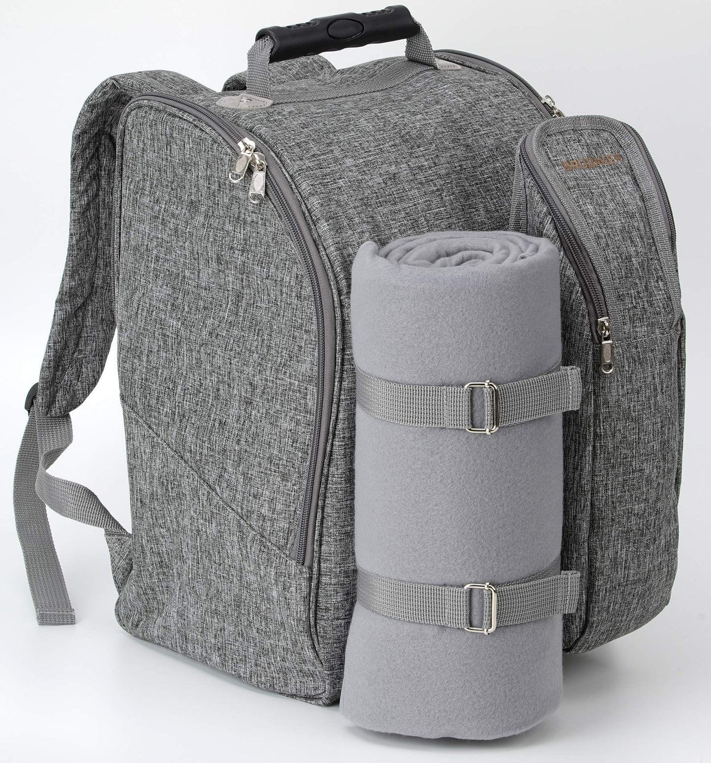 BRUBAKER picnic backpack for 2 people in grey, 28 × 40 × 22 cm - with cooler compartment, insulated bottle holder, and fleece blanket with waterproof bottom.