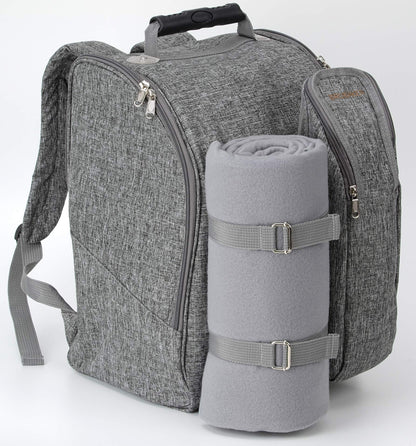BRUBAKER picnic backpack for 2 people in grey, 28 × 40 × 22 cm - with cooler compartment, insulated bottle holder, and fleece blanket with waterproof bottom.