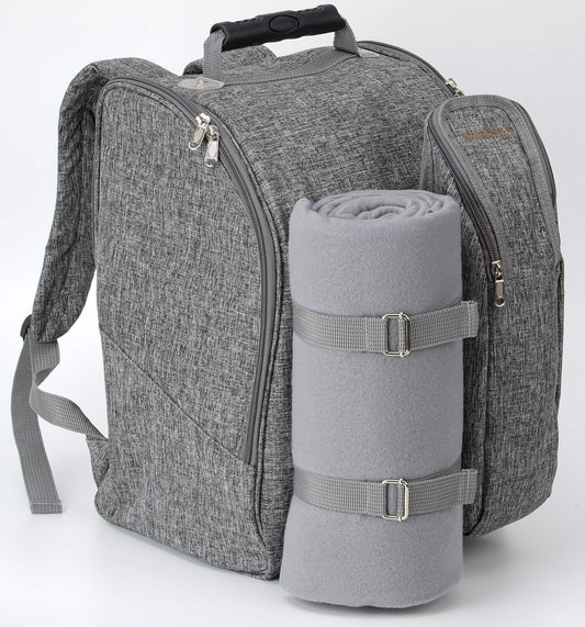 BRUBAKER picnic backpack for 2 people in grey, 28 × 40 × 22 cm - with cooler compartment, insulated bottle holder, and fleece blanket with waterproof bottom.