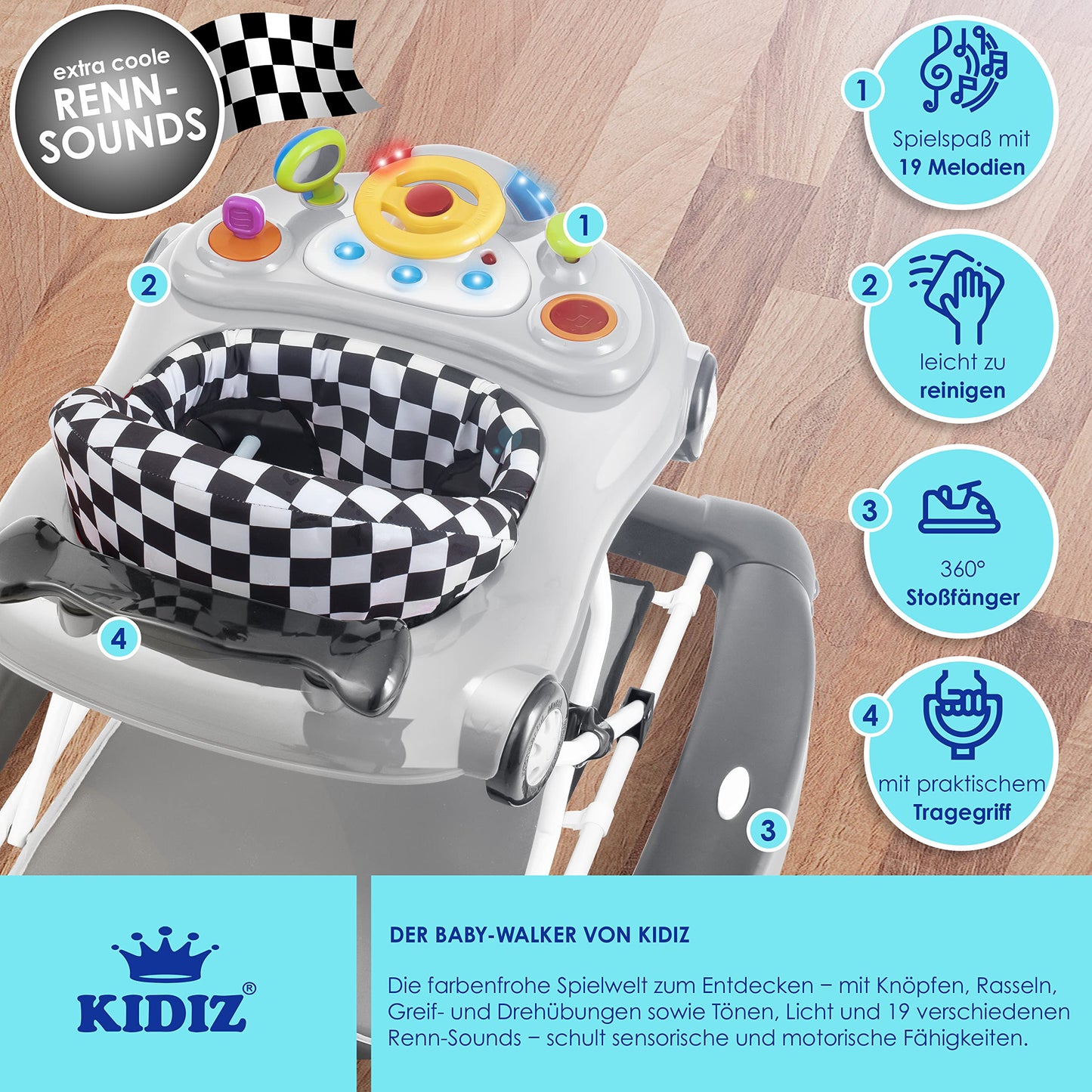 KIDIZ® 4in1 Baby walker activity center - rocker, walker, highchair, and play center with wheels, lights, music, and games. Suitable for babies from 6 months old. Foldable.