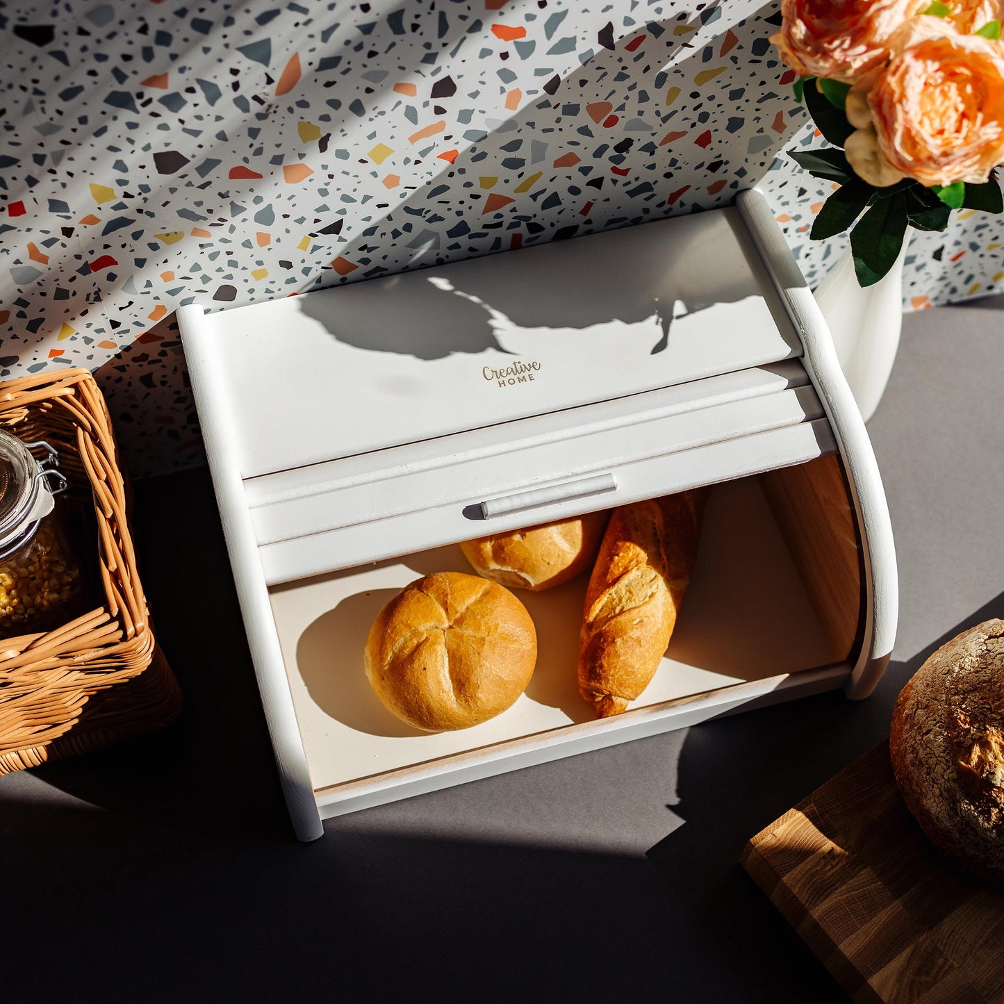 Creative Home White Bread Box Wood | 38 x 28.5 x 17.5cm (+/-1cm) | Perfect BreadBox for Bread Rolls Cakes | Bread Bin with Roll Lid | Natural Bread Storage| Bread Container for Any Kitchen