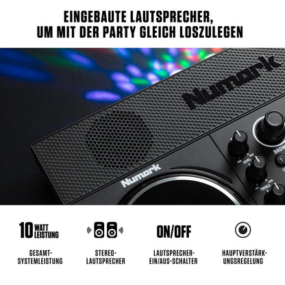 Numark Party Mix Live + HF 125 - DJ Controller set with built-in speakers, light show, mixer, and DJ headphones.