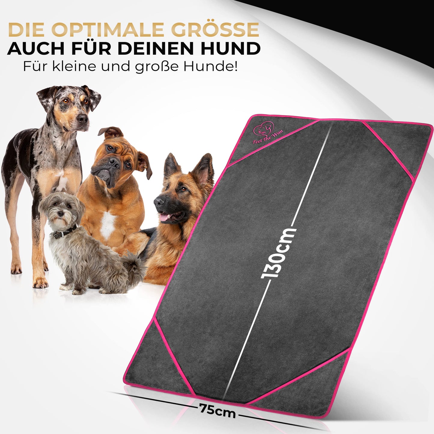 FeelTheWau Dog Towel extra absorbent - Dog towel for large and small dogs - SOFT AND CUDDLY - Dog towel - Gift for dog owners (2 pack 130x75cm, Gray/Pink)