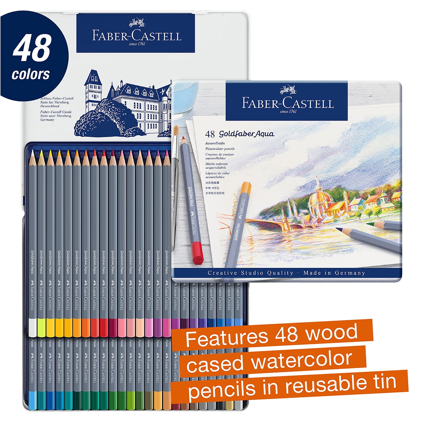 FABER-CASTELL 114648 - Goldfaber watercolor pencils, 48-piece colored pencil set, break-resistant, completely water-soluble