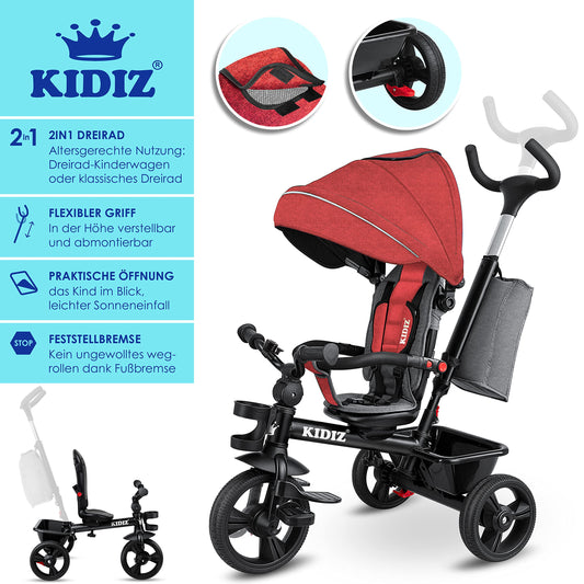 KIDIZ® 6in1 tricycle for kids with push handle, steerable from 9 months up to 25kg. Jogger with forward & reverse ride, basket, bag, drink holder, sunshade, rubber tires, foldable red.