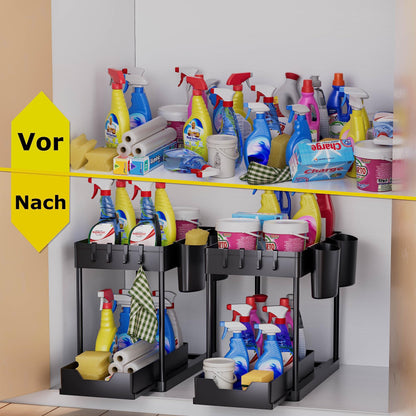 AIXPI Kitchen Organizer 2 Tiers, Under Sink Shelf with Hooks and Cup Spice Rack Sink Cabinet Organizer Kitchen Shelf Cabinet Organizer for Bathroom Kitchen Black 2 Set