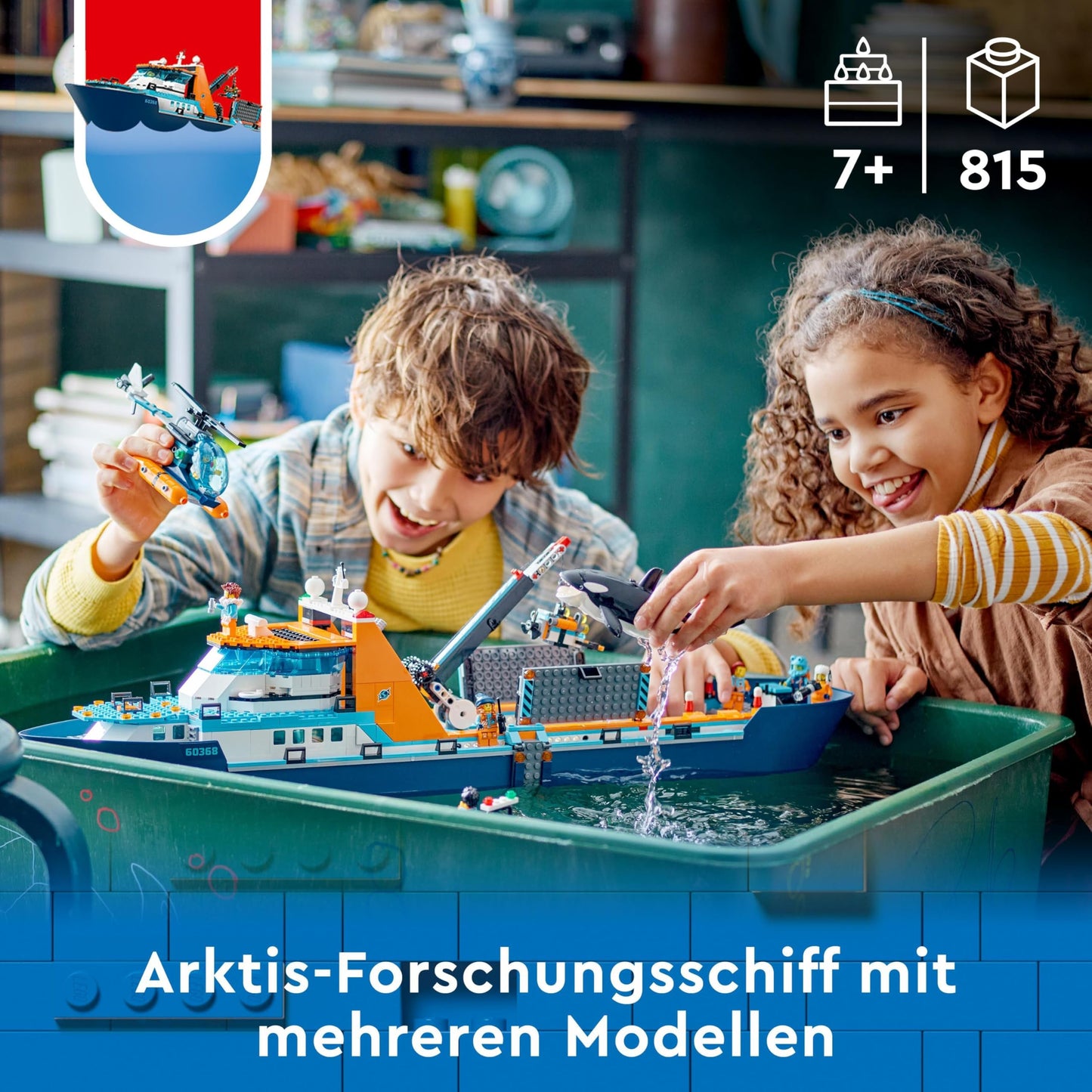 LEGO City Arctic Research Vessel, large floating toy boat with helicopter, dinghy, ROV submarine, Viking shipwreck, 7 minifigures & orca figure, gift for kids aged 7 and up 60368