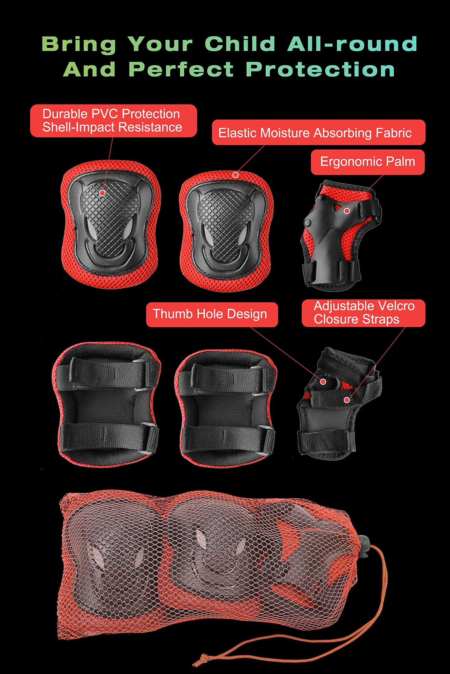 XJD Kids Bike Helmet Protective Gear Set (7 pcs) Children's Helmet with Knee, Elbow, and Wrist Guards Adjustable Protection Youth Skater Helmet for 3-13 Years Old (Red Set, M: 55-57 cm)