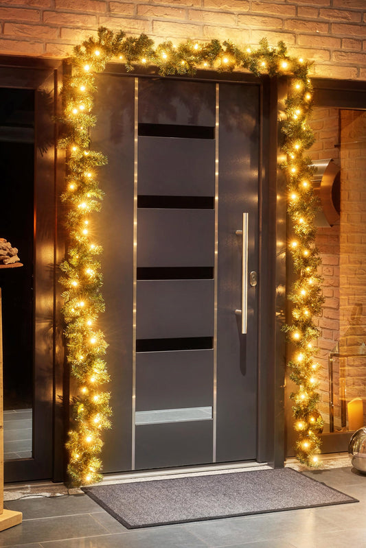 5-meter fir garland with 80 LED lights, expandable, powered by electricity, optional timer, includes 10-meter power cable, suitable for indoor & outdoor use, artificial decor garland with warm-white lighting.