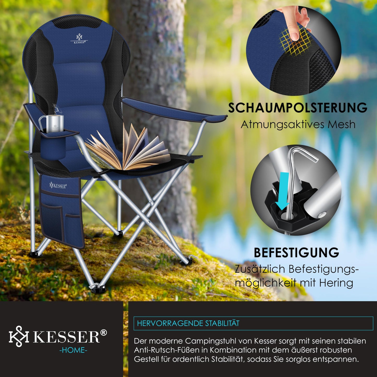 KESSER® camping chair foldable up to 150 kg angling chair folding chair padded with armrests, high backrest beach chair, folding stool including camping light drinks holder bag & cup navy blue