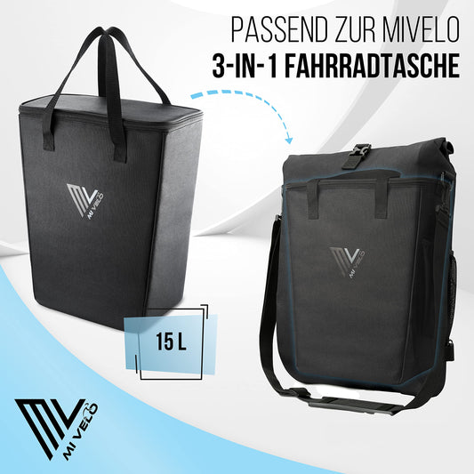 MiVelo - Insulated bike cooler bag - Insert for bike panniers rack - Foldable shopping bag - Picnic accessory - Carry bag (15L)