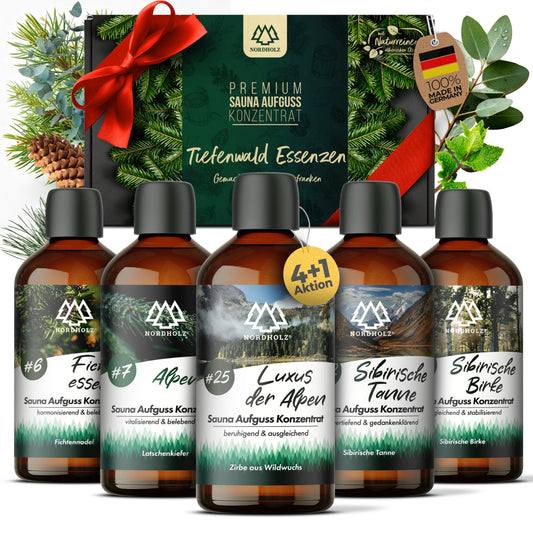 NORDHOLZ® Sauna infusion set - Premium quality [Deep forest essences - 4x100ml] special & natural sauna infusion for intense & relaxing scent - Sauna accessories for sauna fans.