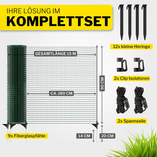 Fixed horizon boundary fence, mobile 15m long & 90cm high fence, close-knit, 9 poles, protection for garden beds, garden net, perfect for camping, dog fence, barrier fence, stake fence.