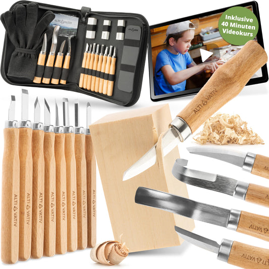 ALTERNATIVE - Wood Carving Tool - 18-piece Kids Carving Set - INCLUDING VIDEO COURSE - Wood Carving Tool Set with Gloves, Sanding Set & Storage Bag.