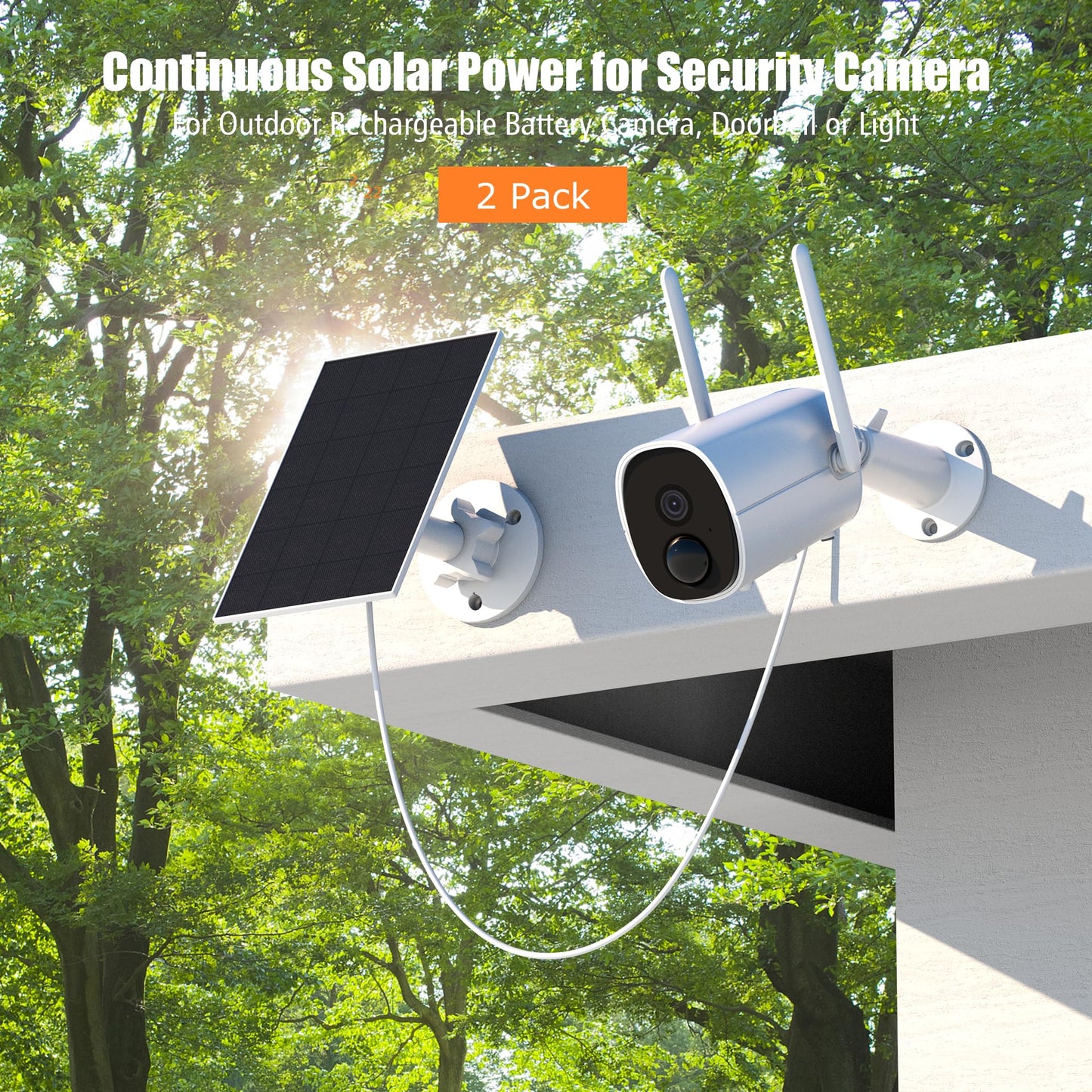 Solar panel for surveillance camera, monocrystalline solar modules for DC 5V battery camera outdoor, doorbell and outdoor lighting with USB and USB-C connection, IP65 3m cable, 360° bracket (2 pack)