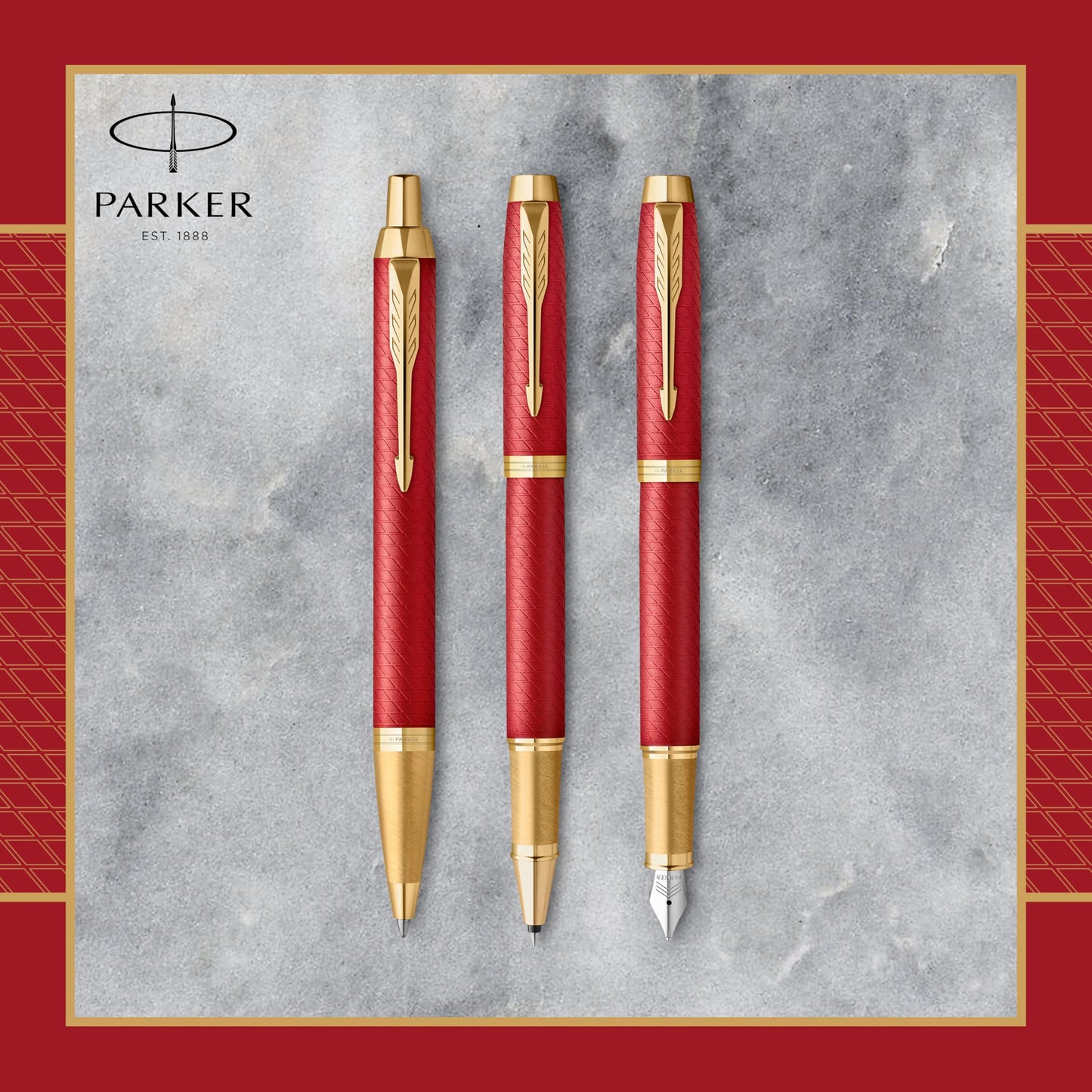 Parker IM Red Premium Lacquer Fountain Pen with Gold Trim | Fine nib and blue ink | Comes in a gift box