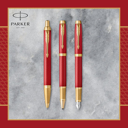 Parker IM Red Premium Lacquer Fountain Pen with Gold Trim | Fine nib and blue ink | Comes in a gift box