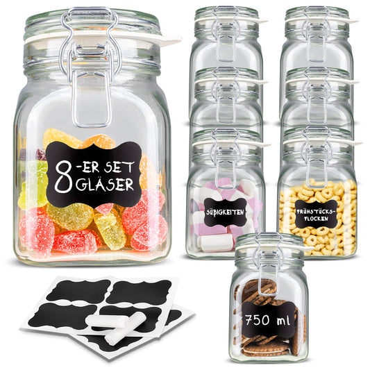 Creative Home 8 x Mason Jars with Clamp Lid | Jars 750ml | Mason Jar Canning Jars with Lid and Rubber Ring | Clamp Jar airtight | 12 Reusable Stickers + 1 Anti-Dust Chalk