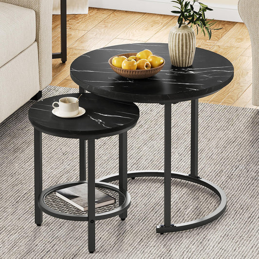YITAHOME 2-Piece Round Coffee Table Set, Modern Living Room Table with Storage, Stackable Side Table Set with Wooden Top and Metal Frame, Living Room Home Office Coffee Table