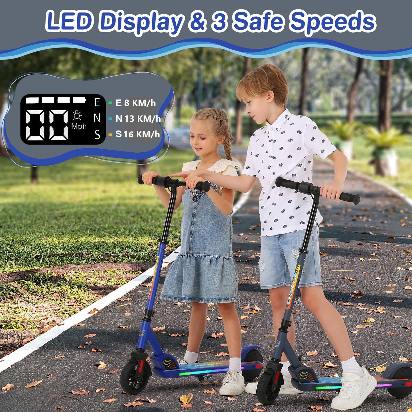 Caroma E Scooter for Kids aged 8-14, Max 17Km/h, 150W motor, Foldable Electric Scooter for Kids, Adjustable speed & height, LED display, Gift for Children and Teens (Blue)