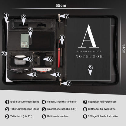 AZORIS PREMIUM® A4 Writing Pad Premium Conference Folder with plenty of storage space and a 13-inch compartment for tablet, iPad professional writing pad made of synthetic leather for ladies and gentlemen.