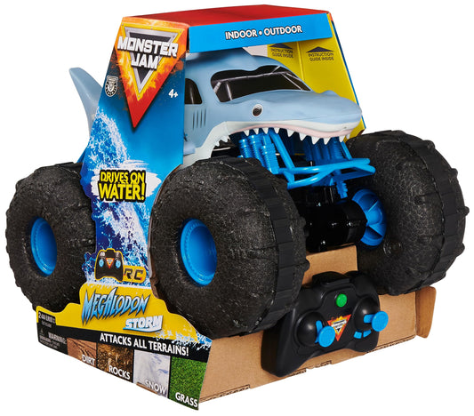 Monster Jam Megalodon Storm, RC Truck, amphibious vehicle with shark design for land and water, 1:15 scale - easy to operate, for ages 4 and up.