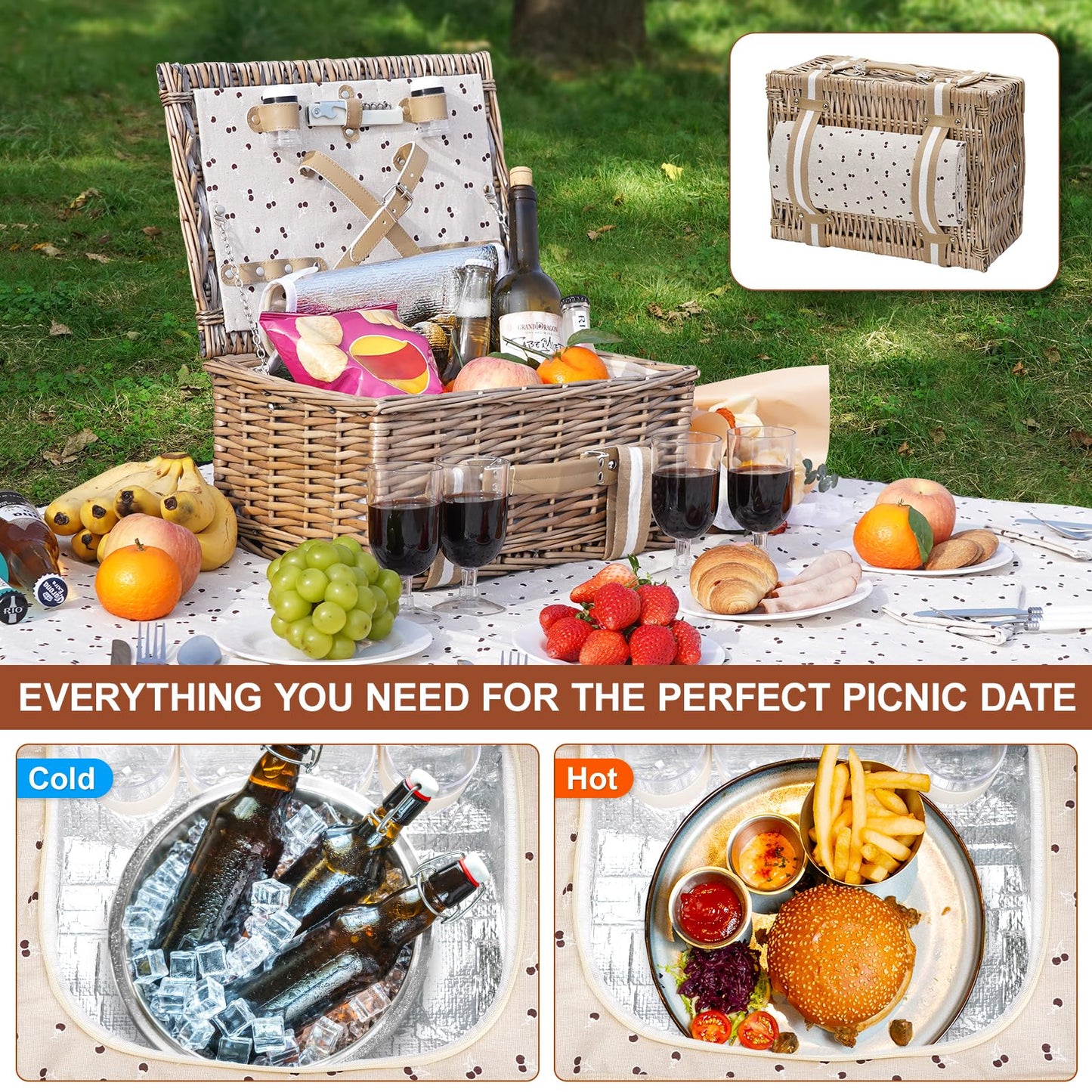 Picnic basket made of wicker for 4 people, with large insulated cooler bag and waterproof picnic blanket. Picnic set basket for camping, outdoor, Valentine's Day, Christmas, Thanksgiving.