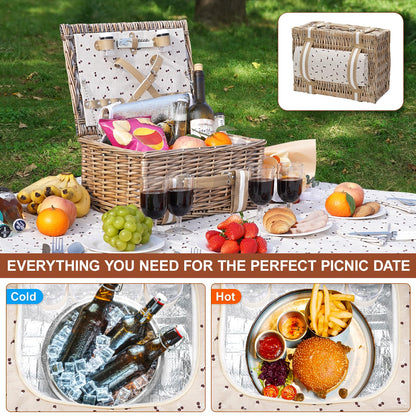 Picnic basket made of wicker for 4 people, with large insulated cooler bag and waterproof picnic blanket. Picnic set basket for camping, outdoor, Valentine's Day, Christmas, Thanksgiving.