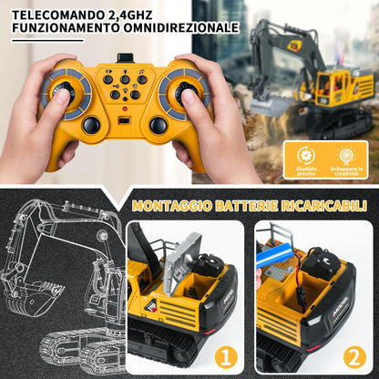 FUYLEY Remote Control Toy for Boys, Metal Shovel for 14K RC Excavator, 2.4 GHz with Sound Spray, Construction Toy RC 680° Rotation for Boys Gift