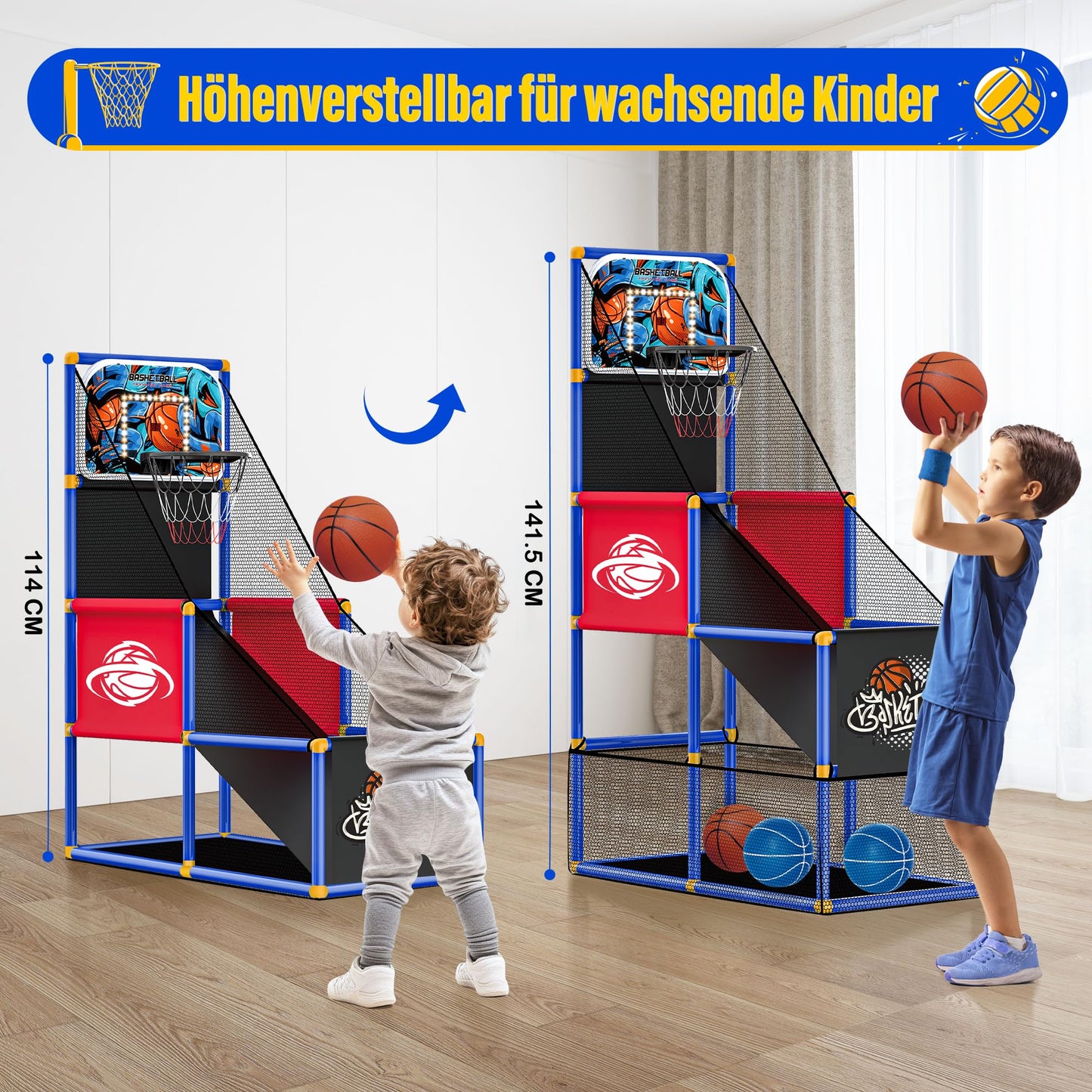SKERITO Basketball Game Set, including 4 balls and hoops for kids aged 3-12. Ideal for indoor and outdoor sports, easy to set up, with included air pump.