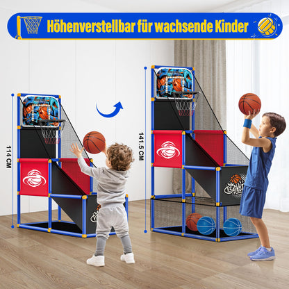SKERITO Basketball Game Set, including 4 balls and hoops for kids aged 3-12. Ideal for indoor and outdoor sports, easy to set up, with included air pump.