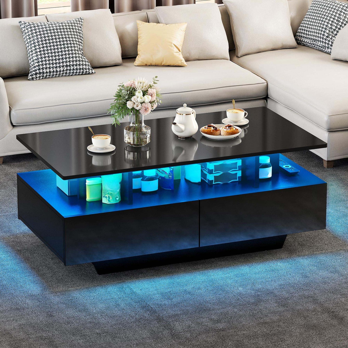 YITAHOME Black Coffee Table, High Gloss Living Room Table with 16-Color LED Lighting, Modern Black Side Table with Open Display Shelf and 4 Pull-Out Drawers 90x55x41.1 cm