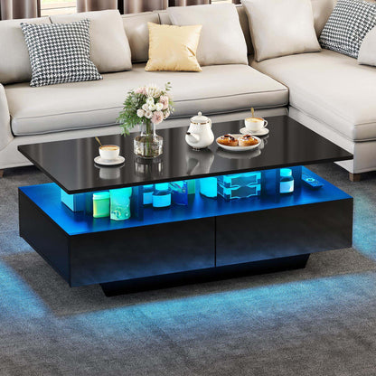 YITAHOME Black Coffee Table, High Gloss Living Room Table with 16-Color LED Lighting, Modern Black Side Table with Open Display Shelf and 4 Pull-Out Drawers 90x55x41.1 cm