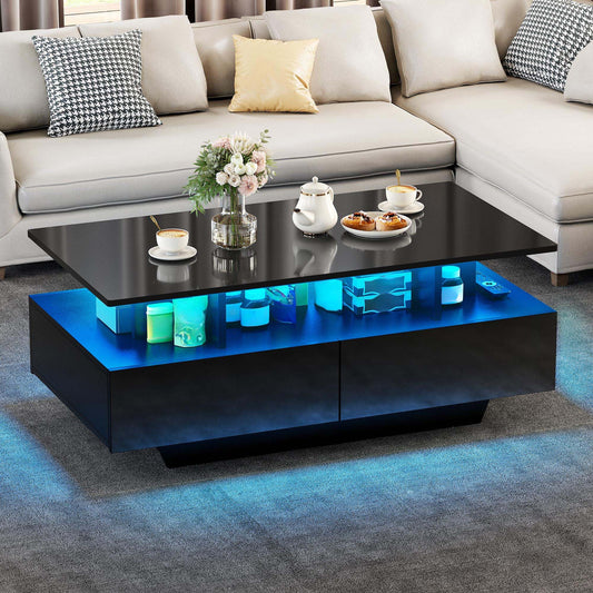 YITAHOME Black Coffee Table, High Gloss Living Room Table with 16-Color LED Lighting, Modern Black Side Table with Open Display Shelf and 4 Pull-Out Drawers 90x55x41.1 cm
