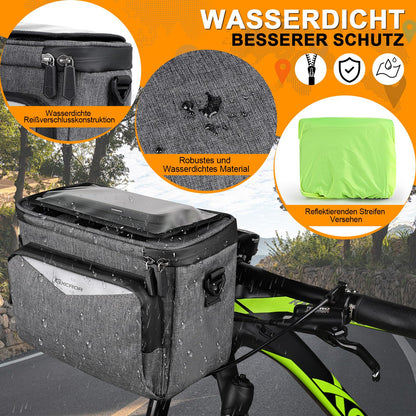 GXCROR handlebar bag for bike 5.5L Waterproof, with touchscreen phone holder & shoulder strap - Universal for e-bike, mountain bike, city bike.