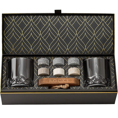 Whiskey Stones Set - 6 Handcrafted Round Granite Whiskey Stones - 2 Crystal Whiskey Glasses - Presentation and Storage Board made of Hardwood - Whiskey Gift Set Box with Gold Foil by Rocks