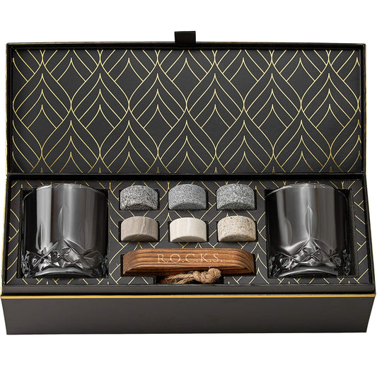 Whiskey Stones Set - 6 Handcrafted Round Granite Whiskey Stones - 2 Crystal Whiskey Glasses - Presentation and Storage Board made of Hardwood - Whiskey Gift Set Box with Gold Foil by Rocks