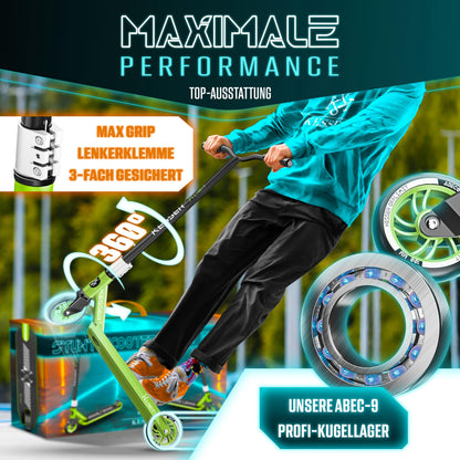KESSER® Stunt Scooter X-Limit-Pro 360° steering fun scooter with stand, ABEC 9 bearings, 110mm PU wheels, kick scooter for children and adults.