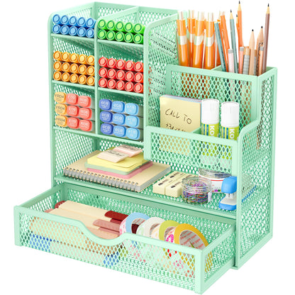 VITVITI Desk Organizer, 10 Compartments Pen Holder with Drawer, Metal Mesh Pen Stand, Desk Pen Holder for School Home Office (Green)