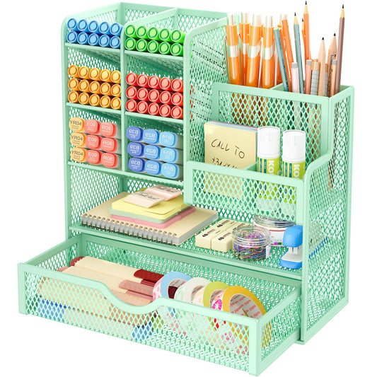 VITVITI Desk Organizer, 10 Compartments Pen Holder with Drawer, Metal Mesh Pen Stand, Desk Pen Holder for School Home Office (Green)