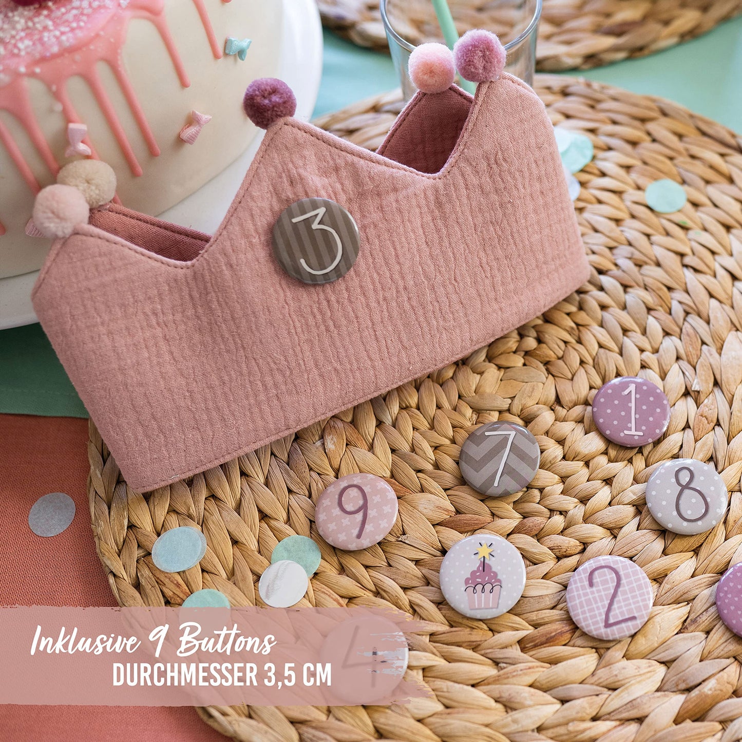 Paper Dragons Birthday Crown Muslin with Numbers - Pink - for Children's Birthday - Crown made of muslin fabric with button numbers from 1-8 | Party decoration hat for boys & girls