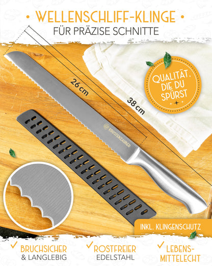 "KRUSTENZAUBER 26cm bread knife with serrated edge - Sharp bread cutting knife made of stainless steel for precise and effortless bread slicing, cutting knife for bread, kitchen knife and serrated knife"
