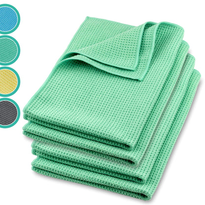 ELEXACLEAN Microfiber Drying Towel, Premium Waffle Cloth (4 pieces, 60x40 cm, Green) super soft quality for car, glass, kitchen, dishes, bathroom.