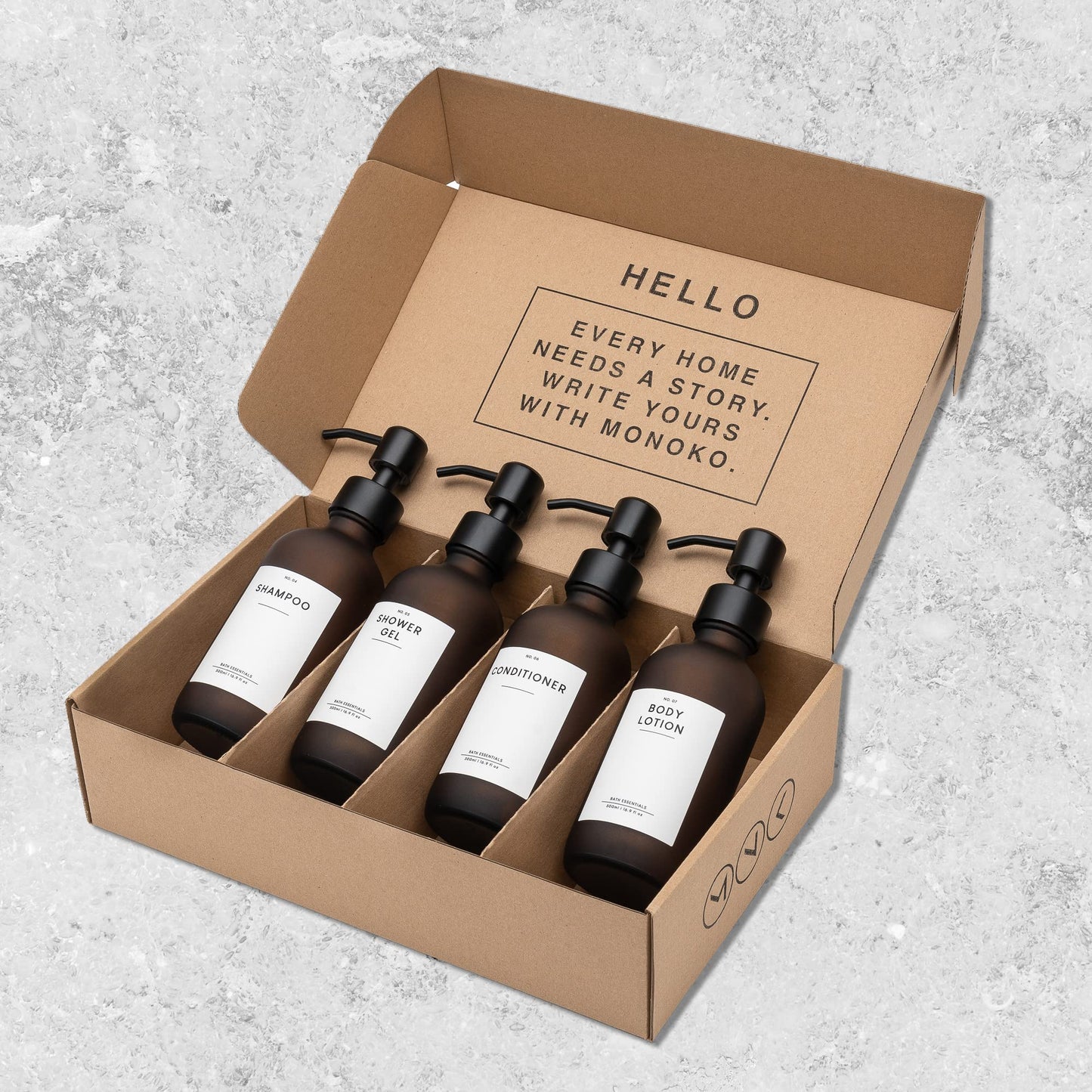 MONOKO 4-pack frosted brown glass soap dispensers | refillable shampoo bottles | 250ml kitchen dish soap dispenser | stainless steel pump head | pump bottle + stickers