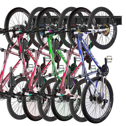 Mimoke bike wall mount adjustable for vertical storage of e-bikes, mountain bikes, and road bikes. Holds 6 bikes and helmets.