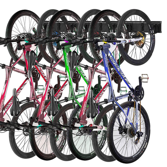Mimoke bike wall mount adjustable for vertical storage of e-bikes, mountain bikes, and road bikes. Holds 6 bikes and helmets.