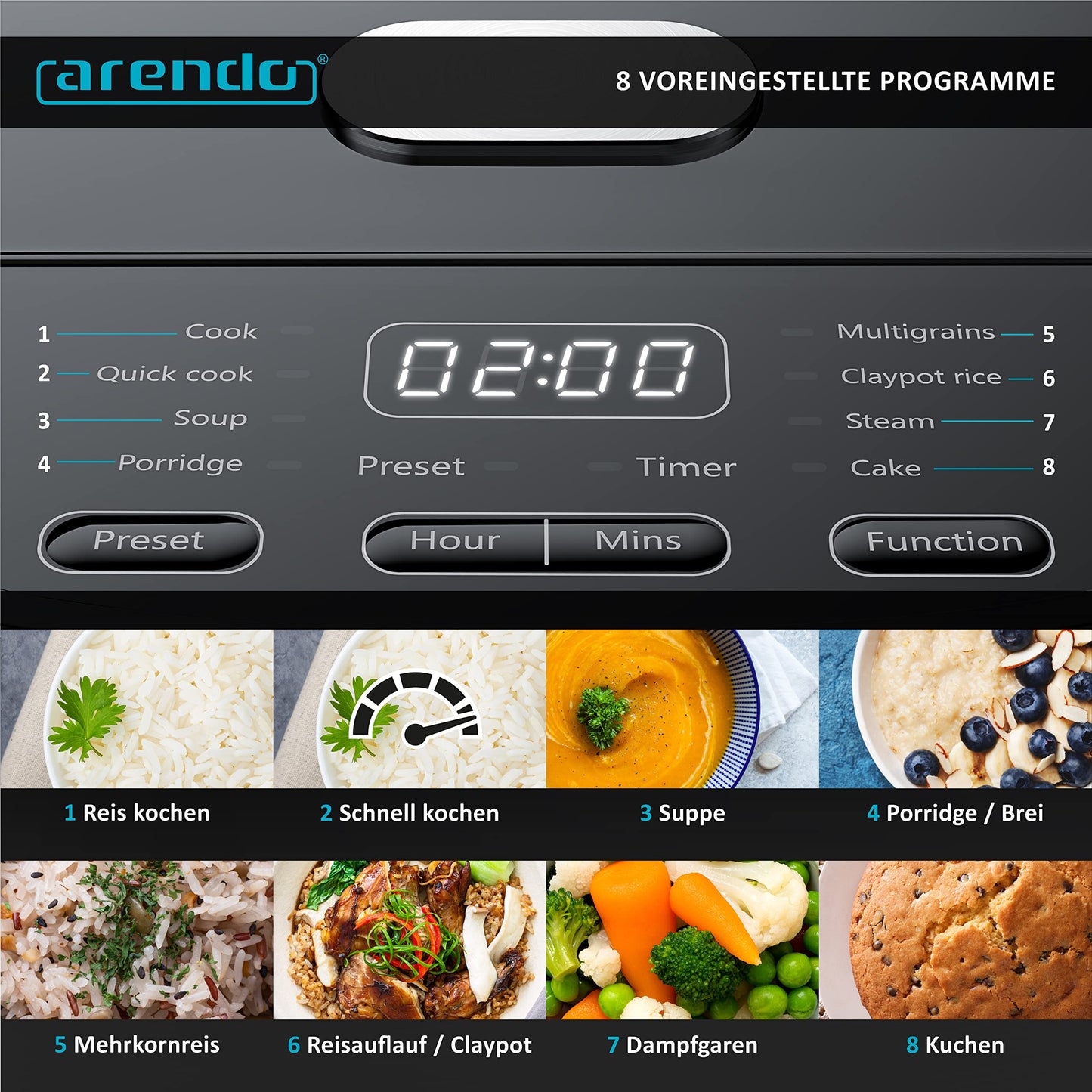 Arendo - Rice Cooker Multicooker Digital and Steamer 4L - 3D Heating System - 8 Programs - Keep Warm Function - Timer - Non-Stick Coating - including Steaming Insert, Measuring Cup, Rice Scoop, Black