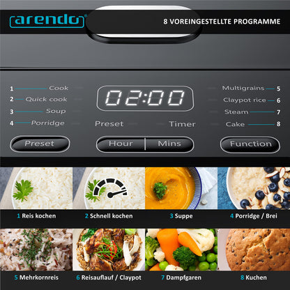 Arendo - Rice Cooker Multicooker Digital and Steamer 4L - 3D Heating System - 8 Programs - Keep Warm Function - Timer - Non-Stick Coating - including Steaming Insert, Measuring Cup, Rice Scoop, Black