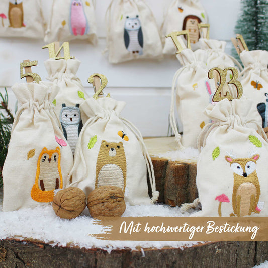 Paper Dragons 24 Advent Calendar Cloth Bags for Filling - with golden wooden numbers - fabric bags for personalizing - gift bags - forest animals embroidered Set No. 27